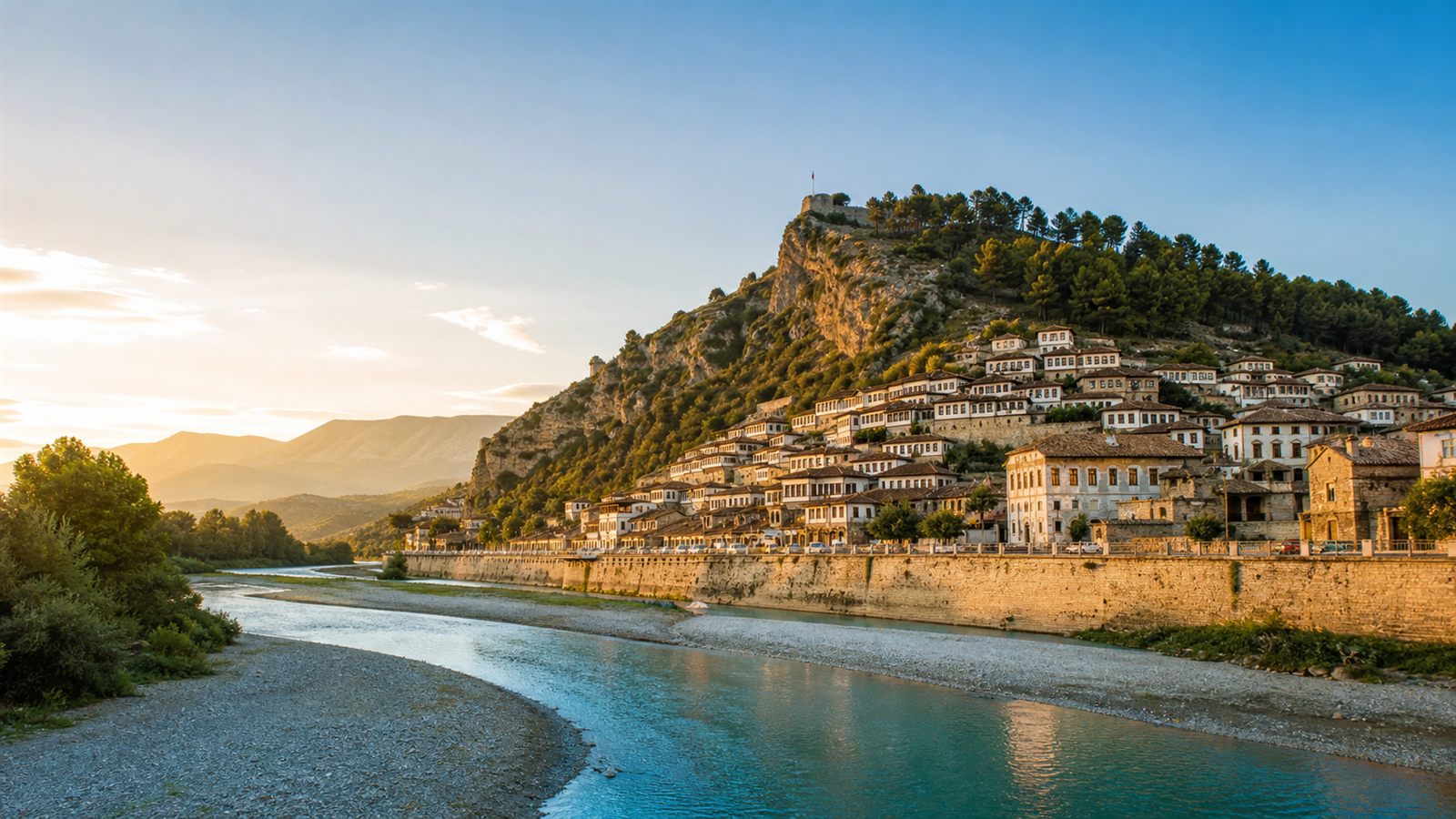 Berat, Albania landscape with historic houses and mountains